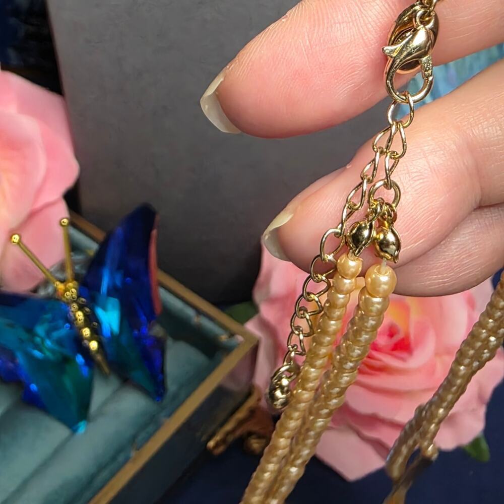 Chico’s Layered Pearl Necklace Crystal Bar Double Strand Statement Gold Tone 54 - Picture 11 of 13